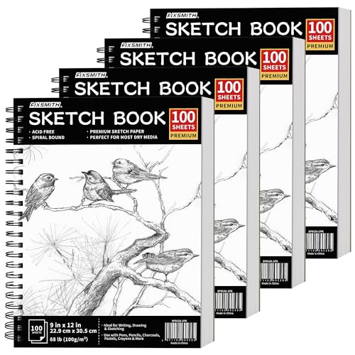 FIXSMITH 9"X12" Sketch Book, 100 Sheets, 68 lb/100gsm, 4 Pack Black - color: Black, size: 9"x12"-4 Pack