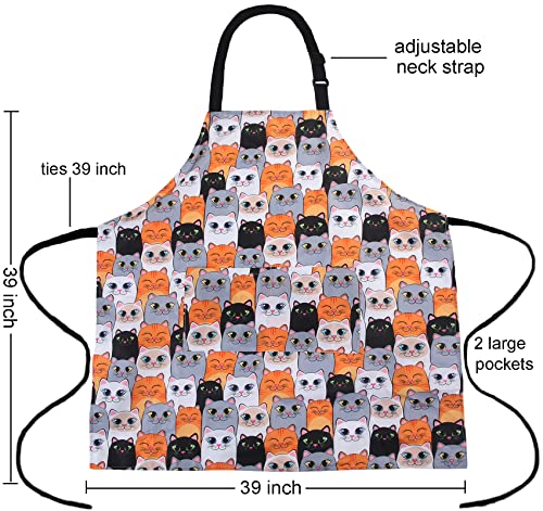 Plus Size Adjustable Bib Apron Water Resistant Canvas Extra Wide Long Ties Aprons with 2 Pockets Kitchen Cooking Gardening - color: Cat