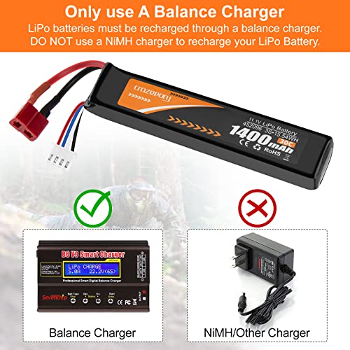 Airsoft Battery 11.1V 1400mAh 30C LiPo with T Plug to Mini Tamiya Cable