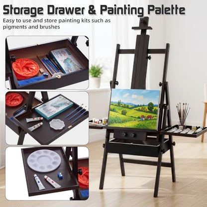 Beech Wood H-Frame Easel for Painting with Tray & Drawer, Walnut - color: Walnut