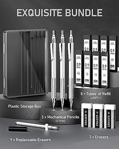 Four Candies Metal Mechanical Pencil Set with Case, 0.9mm, 3-Pack, Silver - color: Silver, style: 0.9 MM
