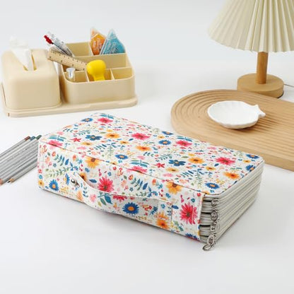 Canvas 300 Slots Pencil Case 4-Layer Zipped Holder w/Handle - color: Apricot Blossoms, size: 300