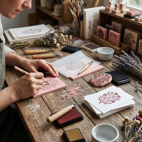 7Pcs 4"×6" Linocut Printmaking Kit, 2 Rubber Carving Blocks with Tracing Papers & Blank Cards