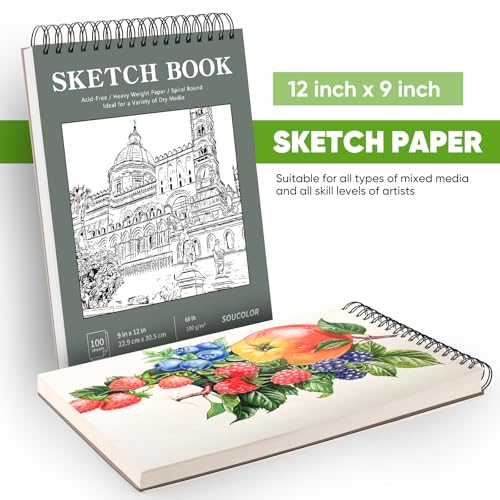 Soucolor Sketch Book 9x12, Drawing Paper Pad 68lb/100gsm Acid-Free - color: Green, size: 9" x 12" (Pack of 1)