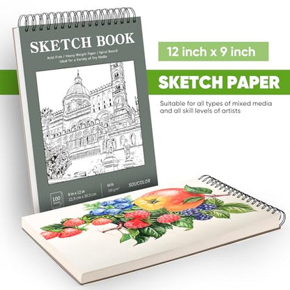 Soucolor Sketch Book 9x12, Drawing Paper Pad 68lb/100gsm Acid-Free - color: Green, size: 9" x 12" (Pack of 1)