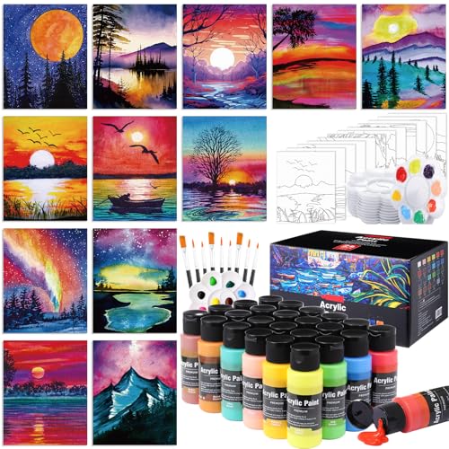 AmazingSpark 12 Set Sip and Paint Kit for Adults Pre Drawn Canvas,Scenery - style: Brilliant Scenery
