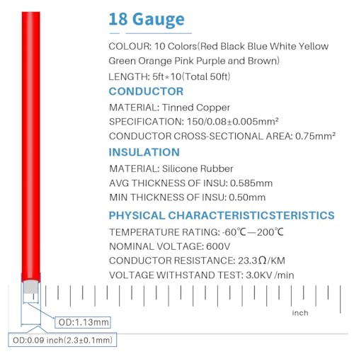 BNTECHGO 18 AWG Silicone Wire Kit 10 Color Each 5ft Stranded Tinned Copper - size: 10 colors each 5ft, style: 18 silicone wire