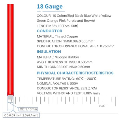 BNTECHGO 18 AWG Silicone Wire Kit 10 Color Each 5ft Stranded Tinned Copper - size: 10 colors each 5ft, style: 18 silicone wire