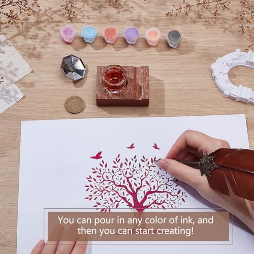 PLIGREAT Wooden Tilting Calligraphy Pen Holder with Ink Bottle Container