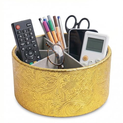 lizimandu Remote Control Holder, 360°Spinning PU Leather Desk TV Remote Caddy,Desk Storage Box Room Accessories for Controller, Media,Mail,Calculator, Mobile Phone,Pencil(1B-Carved5 Gold) - color: 1B-Carved5 Gold