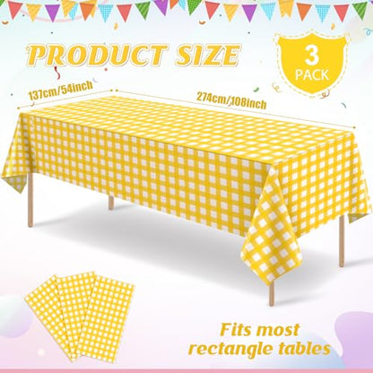 3 Pcs Yellow Gingham Tablecloths, Checkered Party Table Covers 54x108 Inch - color: Yellow