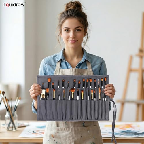 Liquidraw 30 Pocket Roll-Up Canvas Paint Brush Holder, 21 x 18in (Grey) - color: Grey