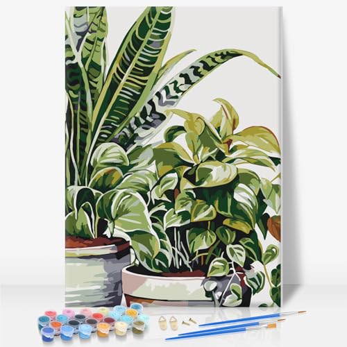 Framed Paint by Numbers Kit for Adults Beginners – Tropical Green Plants - color: Leaf-01, size: 8x12 Inch