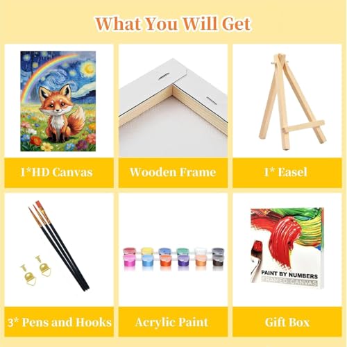 HITO Fox Paint by Numbers Kit for Kids 6-8-12 with Frame Easel 8X12 inch - color: Fox