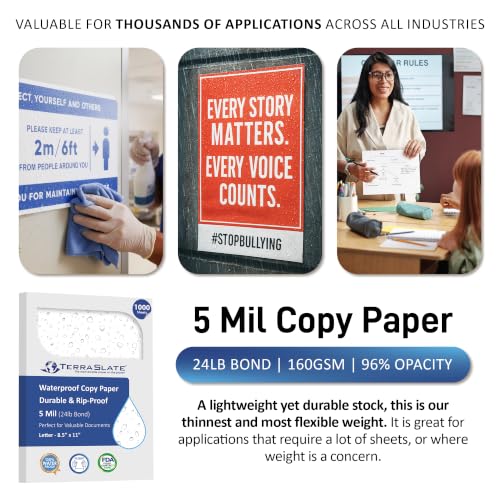TerraSlate Waterproof, Durable, Rip-Proof Paper, 1,000 Sheets, 5 Mil (24lb Bond), 8.5” x 11”, Laser Printer and Copy Machine Compatible - size: 1000 Sheets