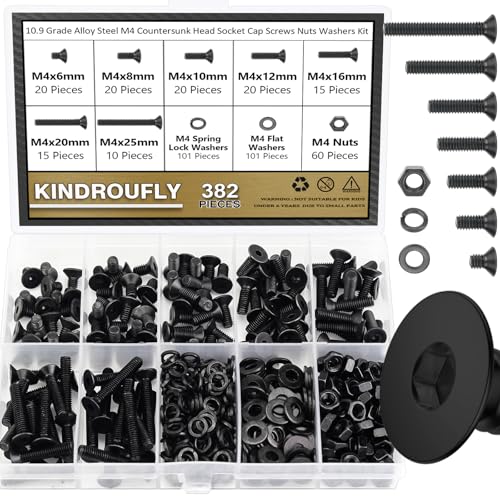 382 Pieces Black M4 x 6/8 /10/12 /16/20 /25mm Countersunk Head Socket Cap Screws Nuts Washers Assortment Kit, 10.9 Grade Alloy Steel - size: M4, style: Countersunk Head