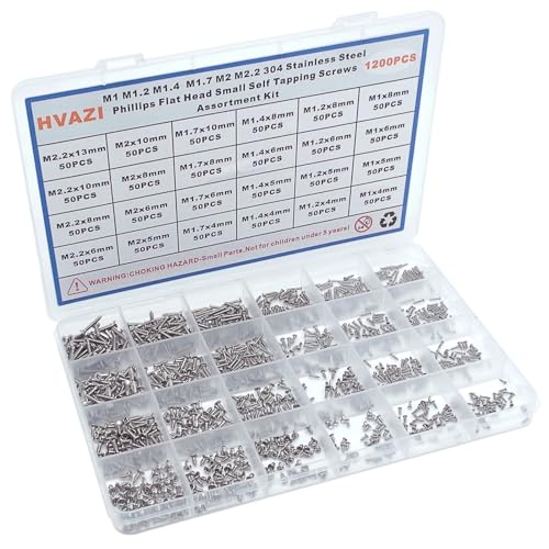 1200PCS M1-M2.2 304 SS Phillips Flat Head Tiny Self Tapping Screw Kit - size: M1 M1.2 M1.4 M1.7 M2 M2.2