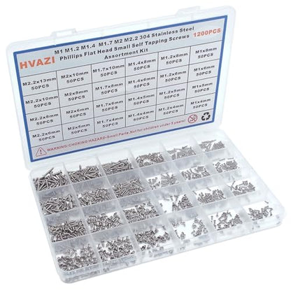 1200PCS M1-M2.2 304 SS Phillips Flat Head Tiny Self Tapping Screw Kit - size: M1 M1.2 M1.4 M1.7 M2 M2.2