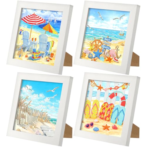 Geyoga 4pcs Beach Diamond Painting Kits with Frame for Adults 7 x 7 Inch - style: Summer