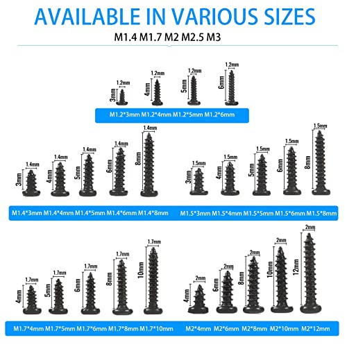 10 Kinds Small Multi-Purpose M1 M1.2 M1.4 M1.7 Phillips Head Micro Screws Self-Tapping Electronic Screws Assortment Kit Pack of 1000 - color: Black