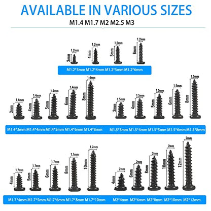10 Kinds Small Multi-Purpose M1 M1.2 M1.4 M1.7 Phillips Head Micro Screws Self-Tapping Electronic Screws Assortment Kit Pack of 1000 - color: Black