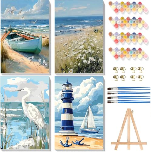 Ekuxom 4 Pack Beach Paint by Numbers Kit for Adults with Frame-Wooden Ease - color: 4 Pack Beach-1