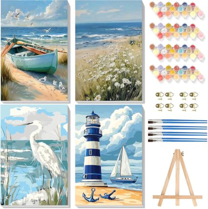 Ekuxom 4 Pack Beach Paint by Numbers Kit for Adults with Frame-Wooden Ease - color: 4 Pack Beach-1