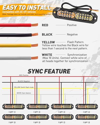 HLauto 1200T Emergency Strobe Grille Lights: 8pcs 12 LED Sync Feature Safety Warning Flashing Lights, Ultra Slim Surface Mount Hazard Caution Lights for Trucks, Vehicles, Car, ATV, UTV (Amber Green) - color: Amber/Green
