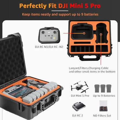 Waterproof Hard Carrying Case for DJI Mini 5 Pro Drone, Fly More Combo, Holds 9 Batteries, DJI RC 2/RC N3 Remote Controller, Charging Hub and Other Accessories | Shockproof, Dustproof