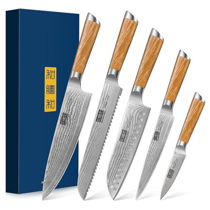 HOSHANHO Damascus Kitchen Knife Set 5PCS, Sharp Chef Knives Ergonomic Grip - style: 5 Pieces Knife Set