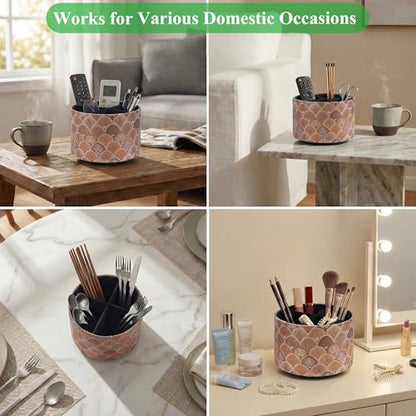 Round Leather Art Supply Organizer,Remote Control Holder,360-degree Rotating Pen Organizer with 4 Compartments(1-Peacock Copper) - color: 1-5Peacock Copper