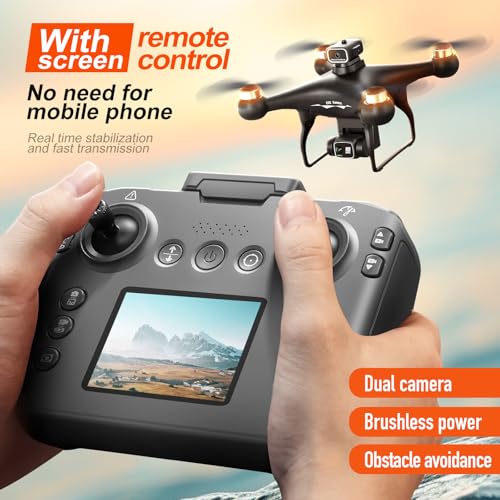 Hobby RC Drone with Screen Remote, Dual 720P Cameras, Optical Flow Positioning, 6-Channel Gyro, Brushless Motor, Headless Mode, Hover Function, One-Key Takeoff, Altitude Hold, Standard Battery. Beginner-Friendly RC Quadcopter Drone