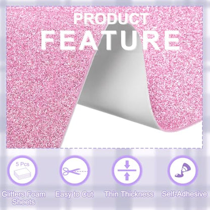 uxcell Foam Sheets 5Pcs 8x12Inch EVA Self-Adhesive Sparkle Pink Glitters - color: Pink