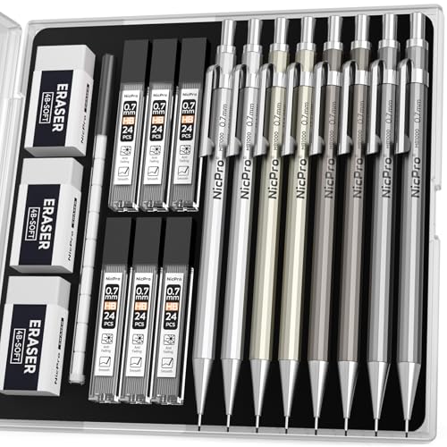 Nicpro 8 Pack Mechanical Pencil 0.7mm, MB1000 Metal Mechanical Pencil Set - style: 8 Pack （0.7mm）