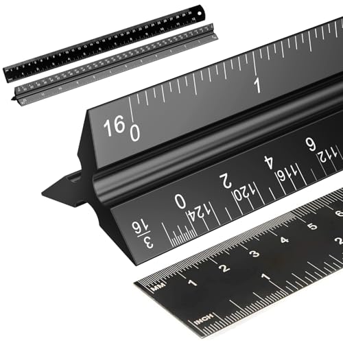 Rena Chris 2Pcs Architectural Scale Ruler, Triangular Scale & Straight Ruler, 12 Inch Aluminum Drafting Ruler Set, Laser Etched, Smooth Non-Sharp Edges, Lightweight, Inch MM Conversion for Architectur