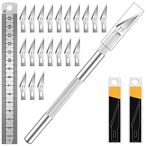 DIYSELF Exacto Knife Set with 20#11 Blades, Aluminum Handle, 6-Inch Ruler - color: Silver-20blades