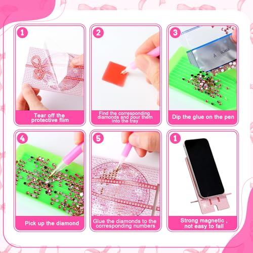 Saillong 6 Pcs Pink Bow Diamond Art Phone Stand, Full Drill DIY Holder - style: Pink Bow
