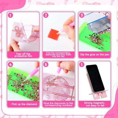 Saillong 6 Pcs Pink Bow Diamond Art Phone Stand, Full Drill DIY Holder - style: Pink Bow