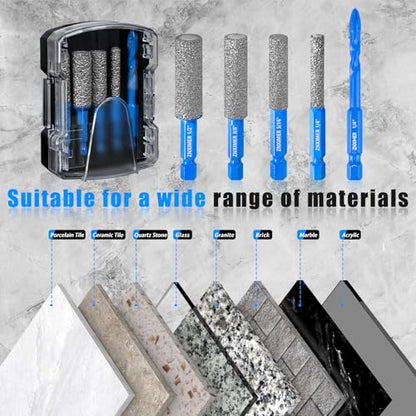Diamond Drill Bits Set for Ceramic, Porcelain, Glass, Marble, Tile, Granite, Stone and More - 5pcs Tile Drill Bits for Efficient, Precise Drilling and Milling - size: Set3-(1/4"D to 1/2")