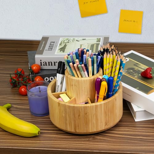 Utoplike Bamboo Rotating Art Supply Desk Organizer, Pencil Holder Desktop - size: Medium