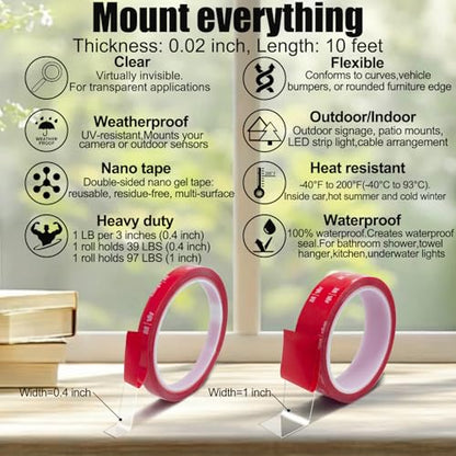 Clear Double Sided Nano Mounting Tape,0.4 inch *10 FT Two Sided Foam Tape