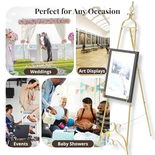 Gold Easel Stand for Sign 58.5” H Metal Large Adjustable - color: Openwork Orb Top