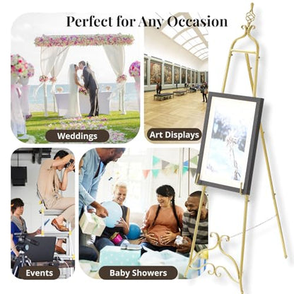 Gold Easel Stand for Sign 58.5” H Metal Large Adjustable - color: Openwork Orb Top