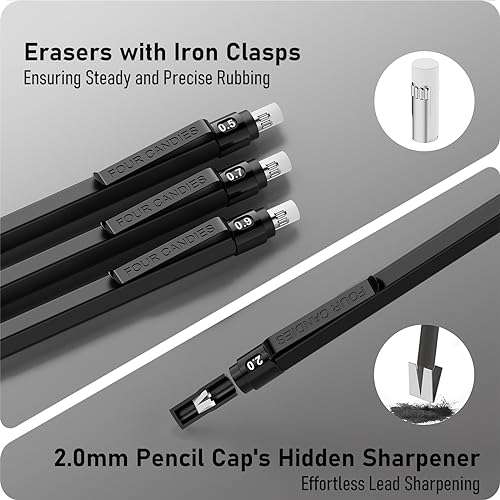 Four Candies Mechanical Pencil Set with Cute Pencil Case + Mechanical Pencil Set Black