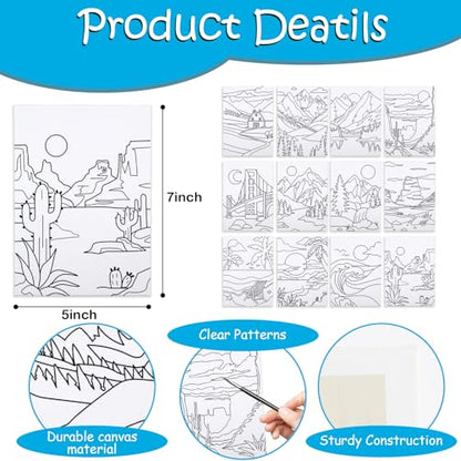 Anseal 84 Pcs Kids Paint Party Set Party Favors 12 Pre Drawn Canvas 12 Brushes 12 Palettes 12 Set Acrylic Paints 12 Apron Canvas Painting Kit for Kids Art Paint Party（Landscape Style） - color: Landscape