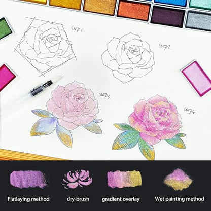 VEESA Metallic Watercolor Paint, 18 Shimmer Colors + 2 Waterbrushes