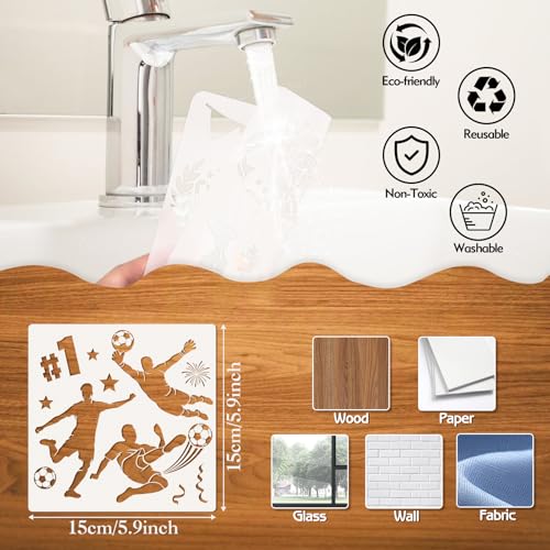 DPKOW 16Pcs Soccer Stencils for Painting Crafts, Reusable Sports Stencils Templates World Soccer Crafts Supplies Football Action Trophy Templates, DIY Scrapbooking on Wood/Floor/Canvas/Wall/Face/Paper