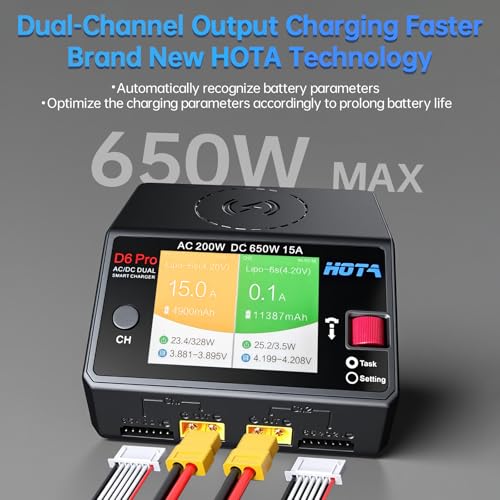 HOTA D6 Pro Lipo Battery Charger Dual Channel Smart Charger AC200W DC650W 15A for LiHv Nicd NiMH Lipo RC Battery Charger with Balance Phone Wireless Charging RC Car RC Boat FPV Race Drone Parts Black - color: Black