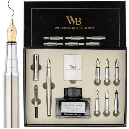 Wordsworth & Black Luxury Calligraphy Pen Set for Writing, 6 Nibs,Silver - color: Silver Chrome
