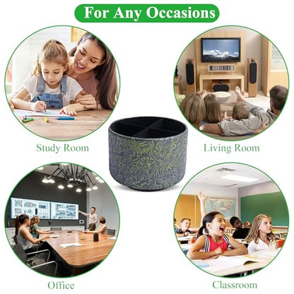 lizimandu Round Leather Art Supply Organizer,Remote Control Holder,360 Degree Spinning,Multi-Functional Pencil Holder,4 Compartments Desktop Stationary Organizer(1-Carved Metal Green2) - color: 1-Carved Metal Green2